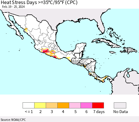 Mexico Central America and the Caribbean Heat Stress Days >=35°C/95°F (CPC) Thematic Map For 2/19/2024 - 2/25/2024