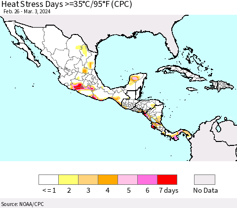 Mexico Central America and the Caribbean Heat Stress Days >=35°C/95°F (CPC) Thematic Map For 2/26/2024 - 3/3/2024