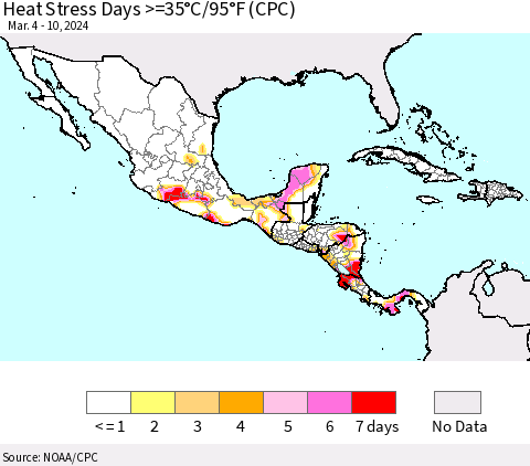 Mexico Central America and the Caribbean Heat Stress Days >=35°C/95°F (CPC) Thematic Map For 3/4/2024 - 3/10/2024