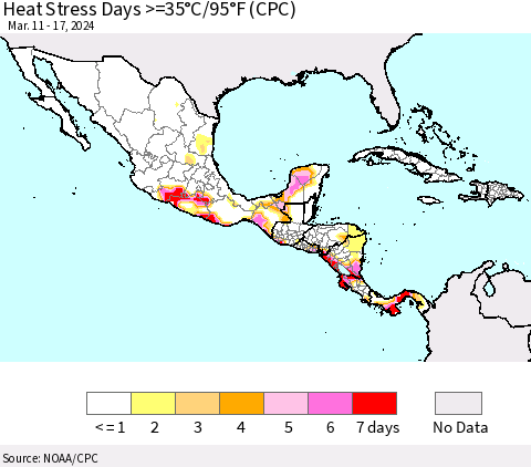 Mexico Central America and the Caribbean Heat Stress Days >=35°C/95°F (CPC) Thematic Map For 3/11/2024 - 3/17/2024