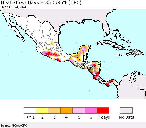 Mexico Central America and the Caribbean Heat Stress Days >=35°C/95°F (CPC) Thematic Map For 3/18/2024 - 3/24/2024