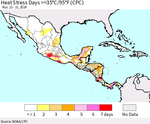 Mexico Central America and the Caribbean Heat Stress Days >=35°C/95°F (CPC) Thematic Map For 3/25/2024 - 3/31/2024