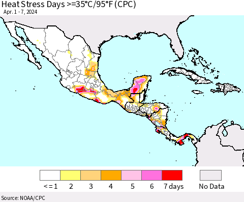 Mexico Central America and the Caribbean Heat Stress Days >=35°C/95°F (CPC) Thematic Map For 4/1/2024 - 4/7/2024
