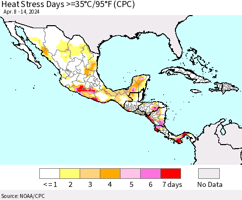 Mexico Central America and the Caribbean Heat Stress Days >=35°C/95°F (CPC) Thematic Map For 4/8/2024 - 4/14/2024
