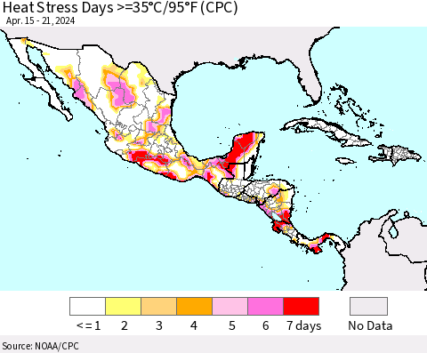 Mexico Central America and the Caribbean Heat Stress Days >=35°C/95°F (CPC) Thematic Map For 4/15/2024 - 4/21/2024