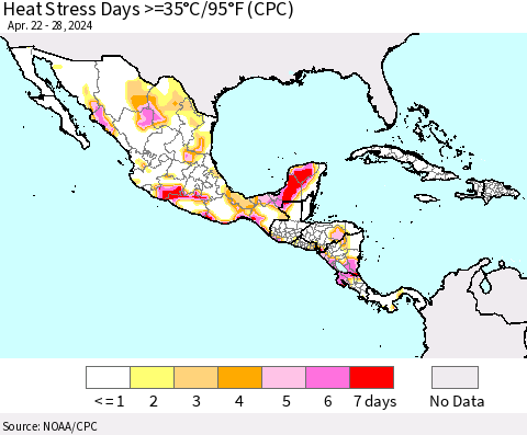 Mexico Central America and the Caribbean Heat Stress Days >=35°C/95°F (CPC) Thematic Map For 4/22/2024 - 4/28/2024