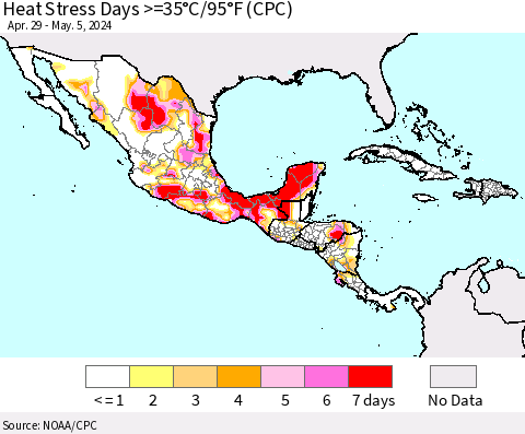 Mexico Central America and the Caribbean Heat Stress Days >=35°C/95°F (CPC) Thematic Map For 4/29/2024 - 5/5/2024