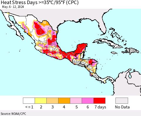 Mexico Central America and the Caribbean Heat Stress Days >=35°C/95°F (CPC) Thematic Map For 5/6/2024 - 5/12/2024