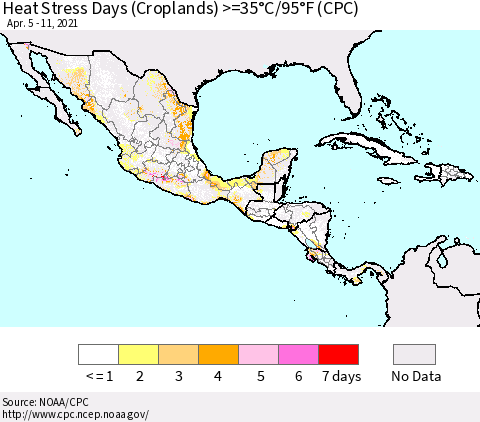 Mexico Central America and the Caribbean Heat Stress Days (Croplands) >=35°C/95°F (CPC) Thematic Map For 4/5/2021 - 4/11/2021