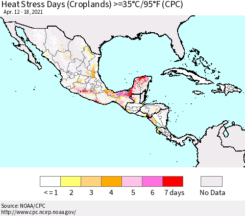 Mexico Central America and the Caribbean Heat Stress Days (Croplands) >=35°C/95°F (CPC) Thematic Map For 4/12/2021 - 4/18/2021