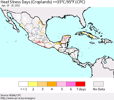 Mexico Central America and the Caribbean Heat Stress Days (Croplands) >=35°C/95°F (CPC) Thematic Map For 4/19/2021 - 4/25/2021
