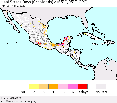 Mexico Central America and the Caribbean Heat Stress Days (Croplands) >=35°C/95°F (CPC) Thematic Map For 4/26/2021 - 5/2/2021