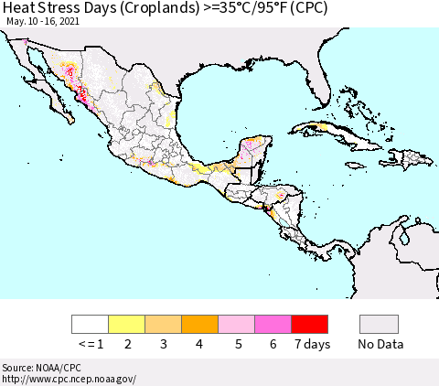 Mexico Central America and the Caribbean Heat Stress Days (Croplands) >=35°C/95°F (CPC) Thematic Map For 5/10/2021 - 5/16/2021