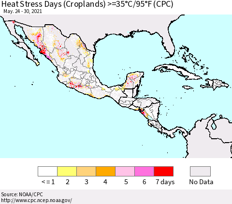 Mexico Central America and the Caribbean Heat Stress Days (Croplands) >=35°C/95°F (CPC) Thematic Map For 5/24/2021 - 5/30/2021
