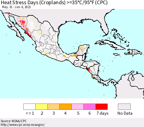 Mexico Central America and the Caribbean Heat Stress Days (Croplands) >=35°C/95°F (CPC) Thematic Map For 5/31/2021 - 6/6/2021