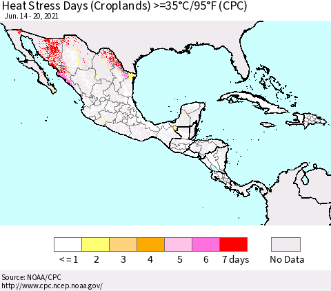 Mexico Central America and the Caribbean Heat Stress Days (Croplands) >=35°C/95°F (CPC) Thematic Map For 6/14/2021 - 6/20/2021