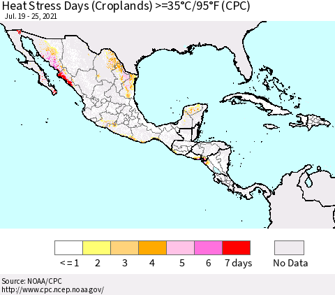Mexico Central America and the Caribbean Heat Stress Days (Croplands) >=35°C/95°F (CPC) Thematic Map For 7/19/2021 - 7/25/2021