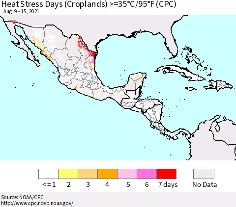 Mexico Central America and the Caribbean Heat Stress Days (Croplands) >=35°C/95°F (CPC) Thematic Map For 8/9/2021 - 8/15/2021
