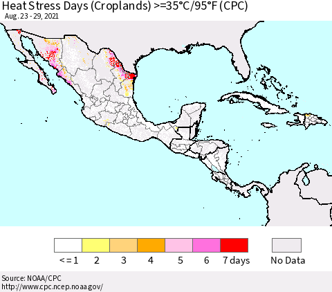 Mexico Central America and the Caribbean Heat Stress Days (Croplands) >=35°C/95°F (CPC) Thematic Map For 8/23/2021 - 8/29/2021
