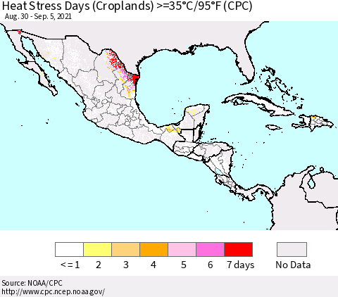 Mexico Central America and the Caribbean Heat Stress Days (Croplands) >=35°C/95°F (CPC) Thematic Map For 8/30/2021 - 9/5/2021