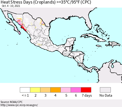 Mexico Central America and the Caribbean Heat Stress Days (Croplands) >=35°C/95°F (CPC) Thematic Map For 10/4/2021 - 10/10/2021
