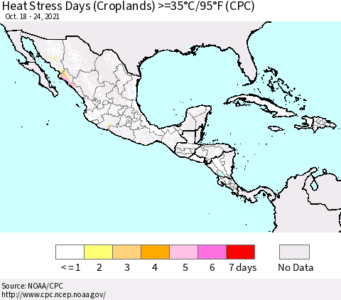 Mexico Central America and the Caribbean Heat Stress Days (Croplands) >=35°C/95°F (CPC) Thematic Map For 10/18/2021 - 10/24/2021