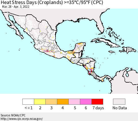 Mexico Central America and the Caribbean Heat Stress Days (Croplands) >=35°C/95°F (CPC) Thematic Map For 3/28/2022 - 4/3/2022