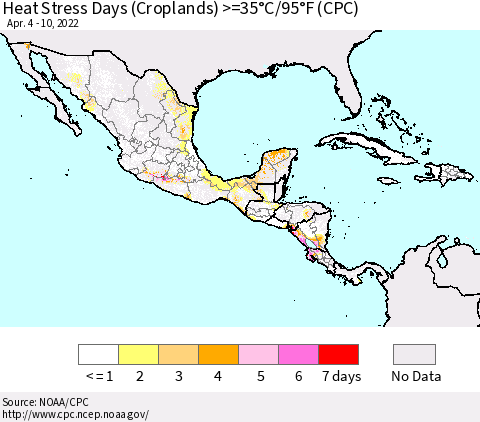 Mexico Central America and the Caribbean Heat Stress Days (Croplands) >=35°C/95°F (CPC) Thematic Map For 4/4/2022 - 4/10/2022