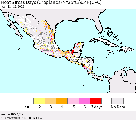 Mexico Central America and the Caribbean Heat Stress Days (Croplands) >=35°C/95°F (CPC) Thematic Map For 4/11/2022 - 4/17/2022
