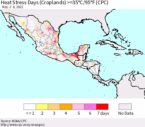 Mexico Central America and the Caribbean Heat Stress Days (Croplands) >=35°C/95°F (CPC) Thematic Map For 5/2/2022 - 5/8/2022