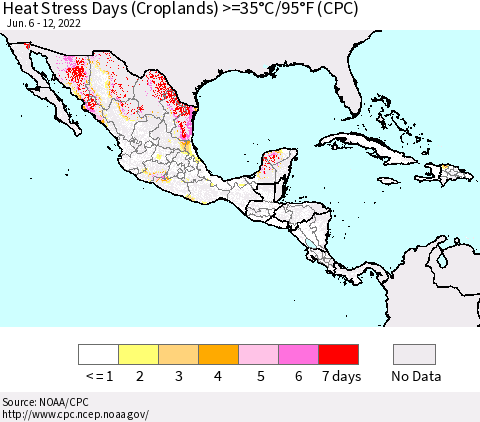Mexico Central America and the Caribbean Heat Stress Days (Croplands) >=35°C/95°F (CPC) Thematic Map For 6/6/2022 - 6/12/2022