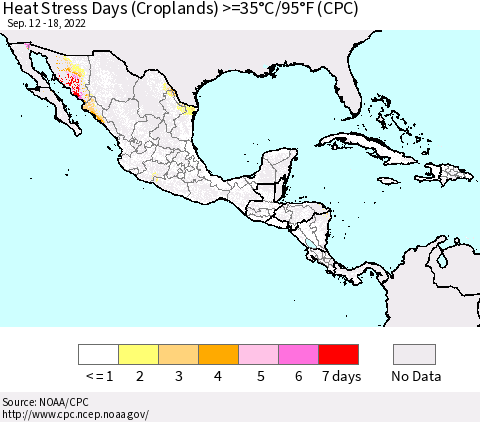 Mexico Central America and the Caribbean Heat Stress Days (Croplands) >=35°C/95°F (CPC) Thematic Map For 9/12/2022 - 9/18/2022