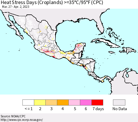 Mexico Central America and the Caribbean Heat Stress Days (Croplands) >=35°C/95°F (CPC) Thematic Map For 3/27/2023 - 4/2/2023