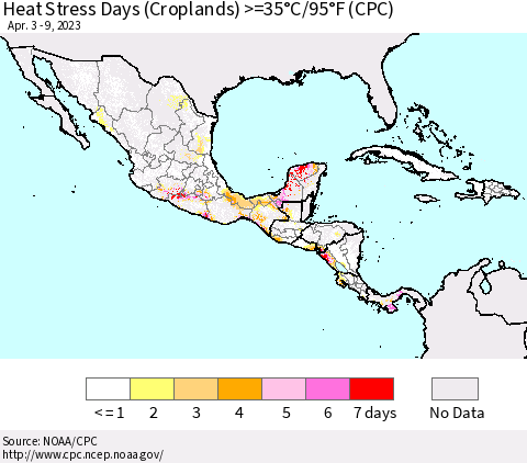 Mexico Central America and the Caribbean Heat Stress Days (Croplands) >=35°C/95°F (CPC) Thematic Map For 4/3/2023 - 4/9/2023