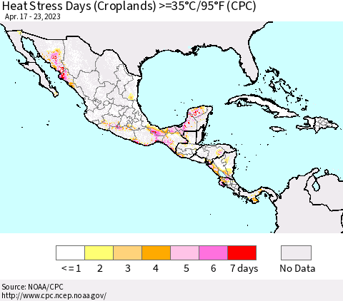 Mexico Central America and the Caribbean Heat Stress Days (Croplands) >=35°C/95°F (CPC) Thematic Map For 4/17/2023 - 4/23/2023