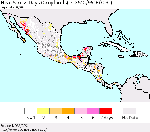 Mexico Central America and the Caribbean Heat Stress Days (Croplands) >=35°C/95°F (CPC) Thematic Map For 4/24/2023 - 4/30/2023