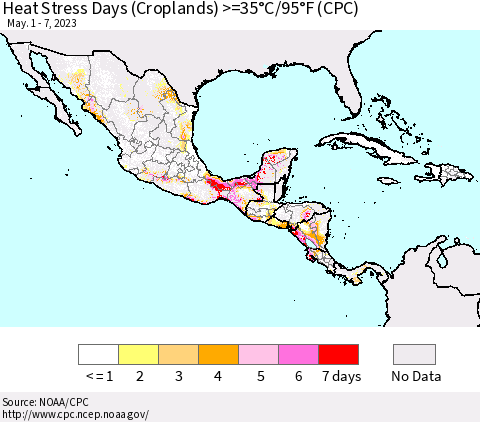 Mexico Central America and the Caribbean Heat Stress Days (Croplands) >=35°C/95°F (CPC) Thematic Map For 5/1/2023 - 5/7/2023