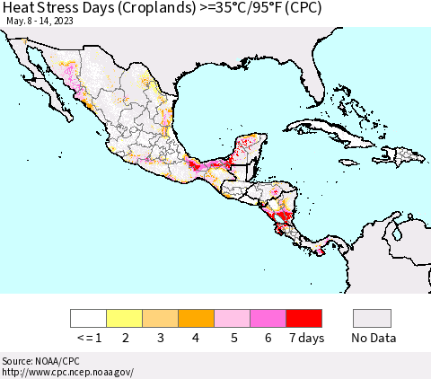 Mexico Central America and the Caribbean Heat Stress Days (Croplands) >=35°C/95°F (CPC) Thematic Map For 5/8/2023 - 5/14/2023