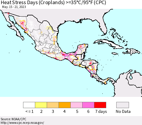 Mexico Central America and the Caribbean Heat Stress Days (Croplands) >=35°C/95°F (CPC) Thematic Map For 5/15/2023 - 5/21/2023