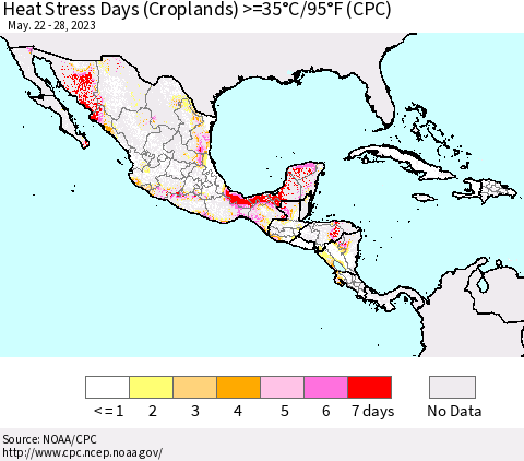 Mexico Central America and the Caribbean Heat Stress Days (Croplands) >=35°C/95°F (CPC) Thematic Map For 5/22/2023 - 5/28/2023