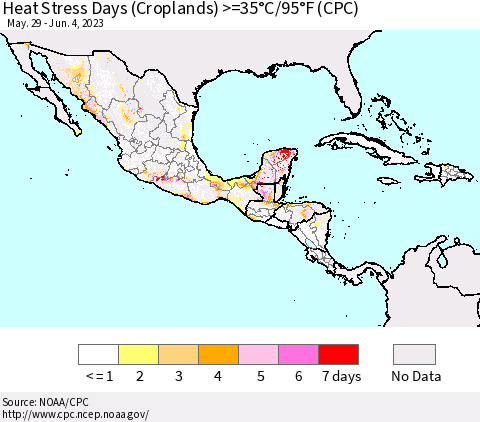 Mexico Central America and the Caribbean Heat Stress Days (Croplands) >=35°C/95°F (CPC) Thematic Map For 5/29/2023 - 6/4/2023