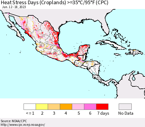 Mexico Central America and the Caribbean Heat Stress Days (Croplands) >=35°C/95°F (CPC) Thematic Map For 6/12/2023 - 6/18/2023