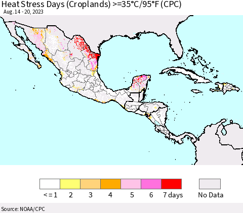 Mexico Central America and the Caribbean Heat Stress Days (Croplands) >=35°C/95°F (CPC) Thematic Map For 8/14/2023 - 8/20/2023