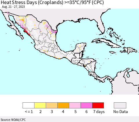 Mexico Central America and the Caribbean Heat Stress Days (Croplands) >=35°C/95°F (CPC) Thematic Map For 8/21/2023 - 8/27/2023