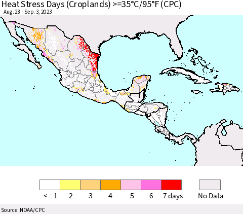Mexico Central America and the Caribbean Heat Stress Days (Croplands) >=35°C/95°F (CPC) Thematic Map For 8/28/2023 - 9/3/2023
