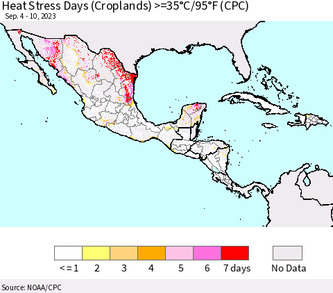 Mexico Central America and the Caribbean Heat Stress Days (Croplands) >=35°C/95°F (CPC) Thematic Map For 9/4/2023 - 9/10/2023