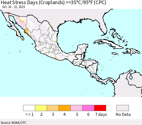 Mexico Central America and the Caribbean Heat Stress Days (Croplands) >=35°C/95°F (CPC) Thematic Map For 10/16/2023 - 10/22/2023