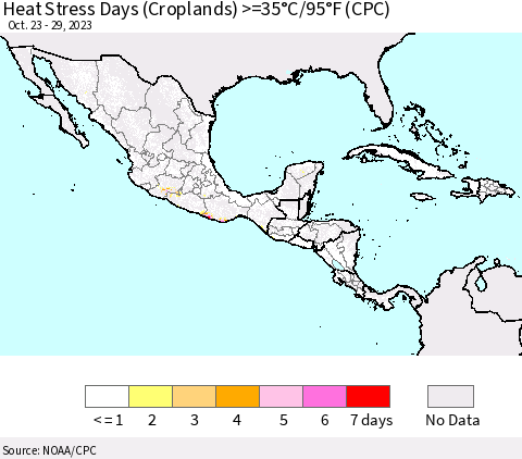 Mexico Central America and the Caribbean Heat Stress Days (Croplands) >=35°C/95°F (CPC) Thematic Map For 10/23/2023 - 10/29/2023