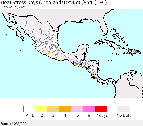 Mexico Central America and the Caribbean Heat Stress Days (Croplands) >=35°C/95°F (CPC) Thematic Map For 1/22/2024 - 1/28/2024