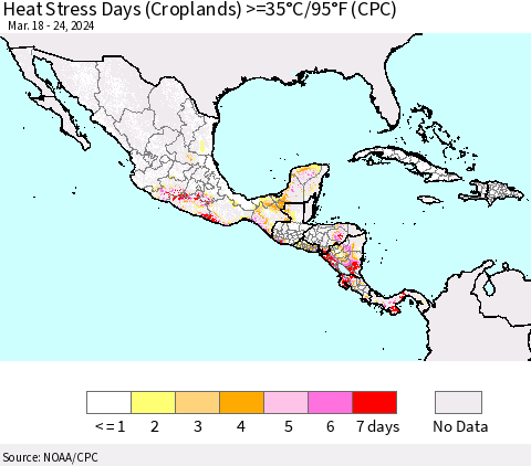 Mexico Central America and the Caribbean Heat Stress Days (Croplands) >=35°C/95°F (CPC) Thematic Map For 3/18/2024 - 3/24/2024